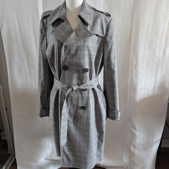 Elie Tahari Plaid Double Breasted Trench Coat Size Large Grey Preppy Classic - Picture 2 of 16